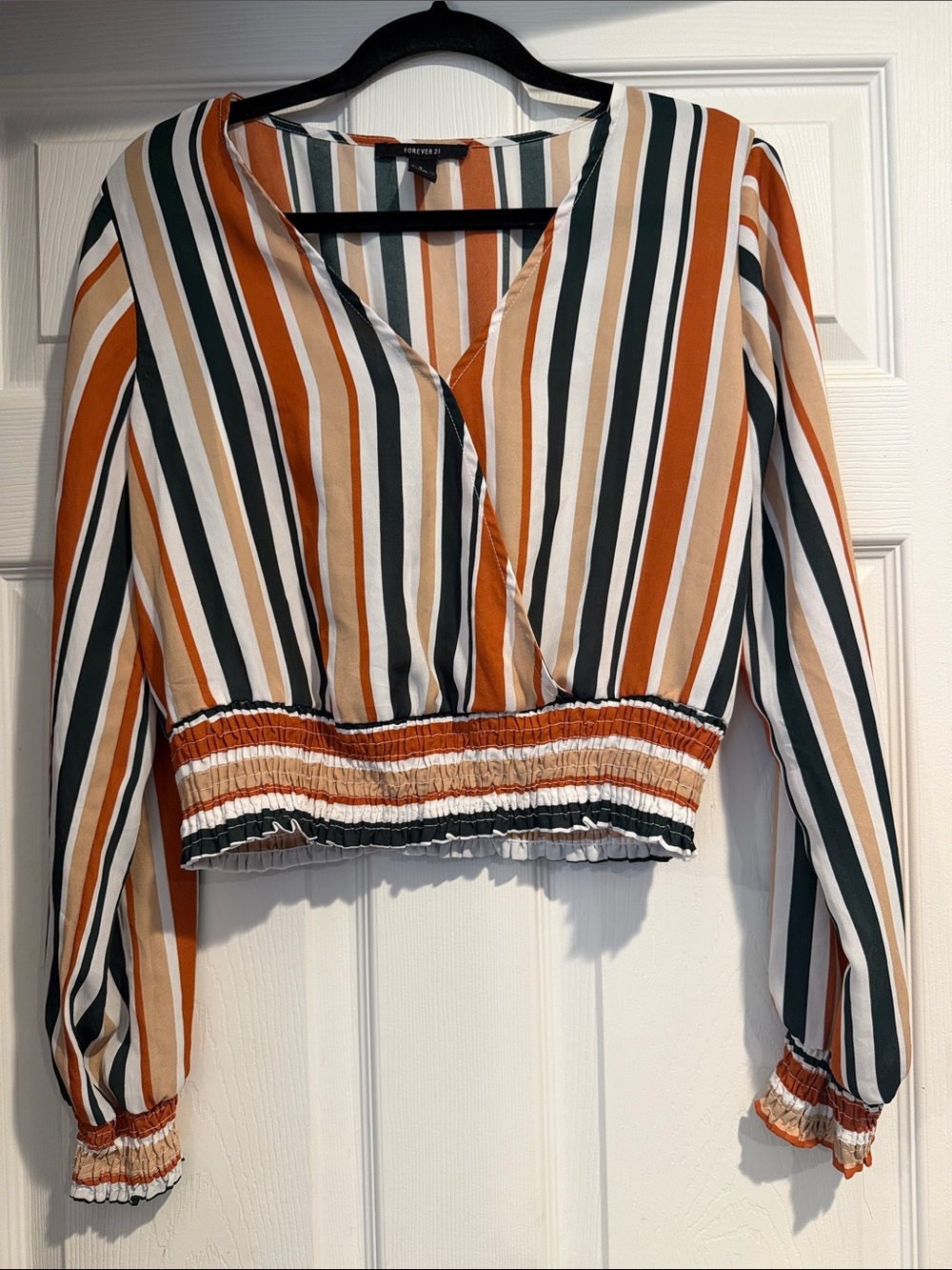 Forever 21 Rust, Green & Cream Striped Cropped Blouse